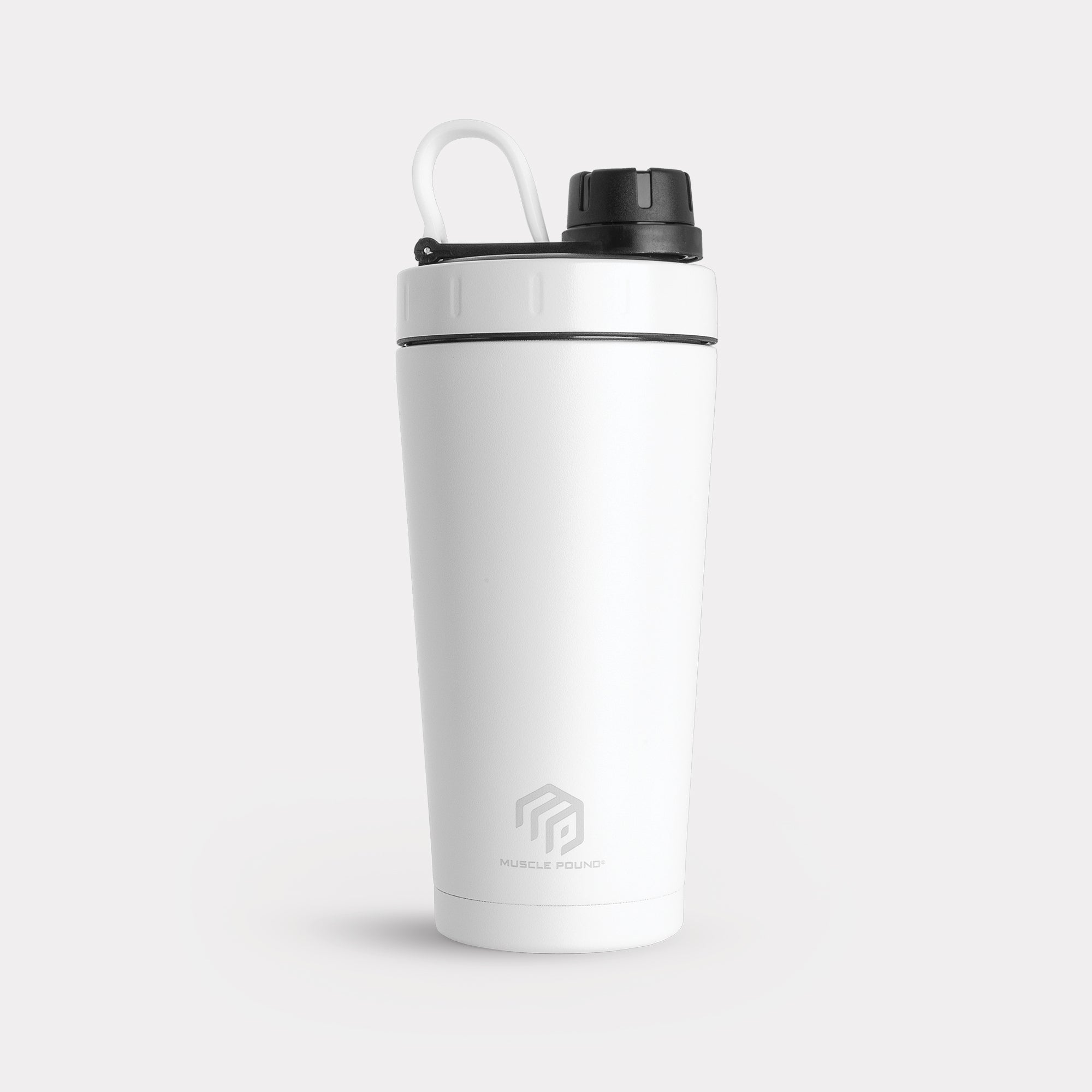 Enjoy a delicious protein shake in our white insulated shaker bottle.