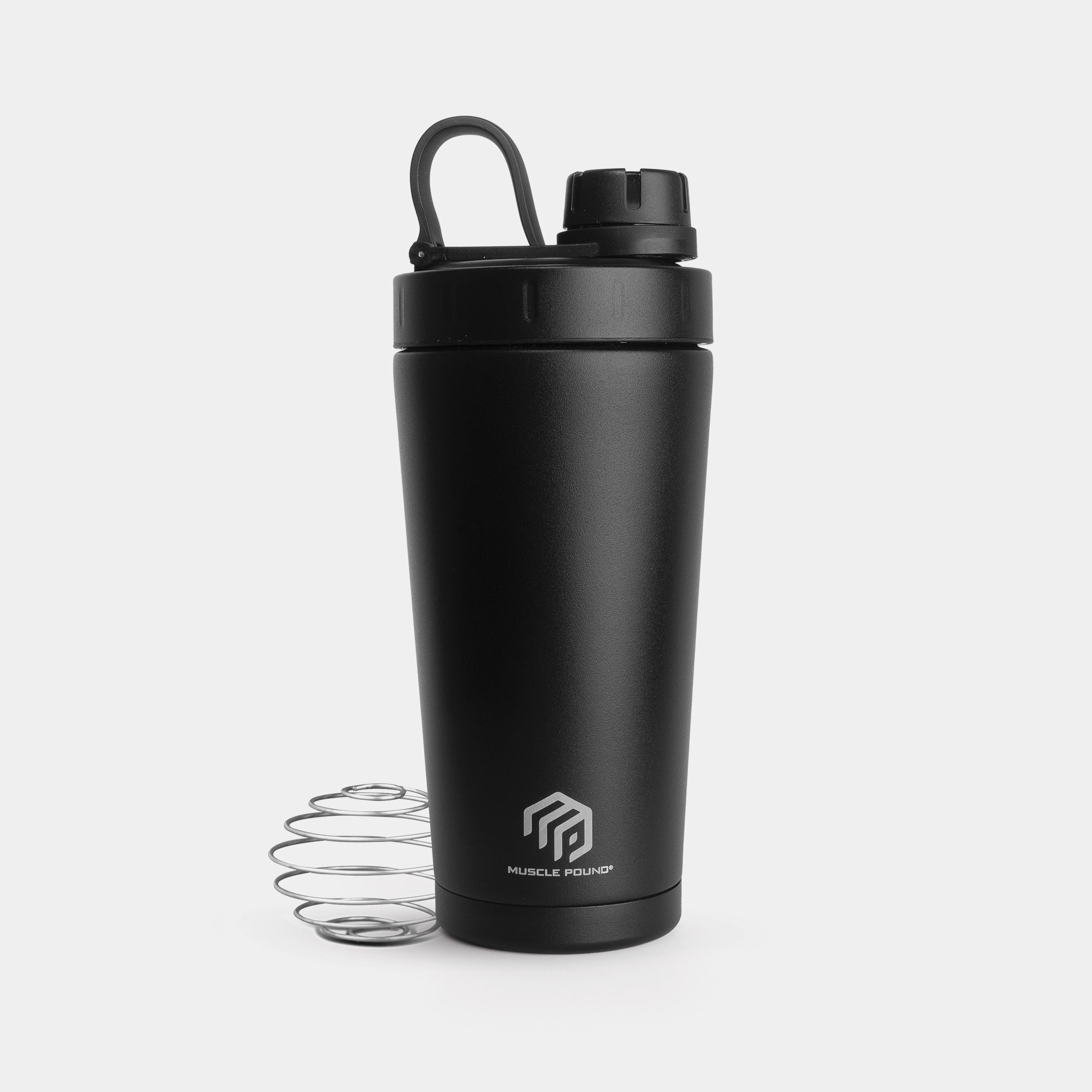 Easily measure and mix your protein shake in our white insulated shaker bottle.
